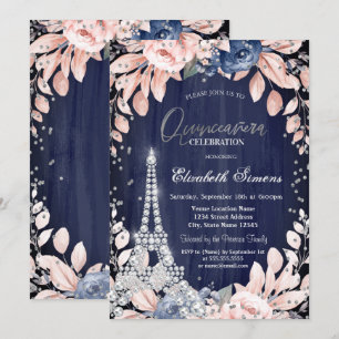Eiffeltoren Diamanten Navy Blauwe Rozen Quinceaner Kaart