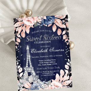 Eiffeltoren Diamanten Navy Blauwe Rozen Sweet 16 Kaart