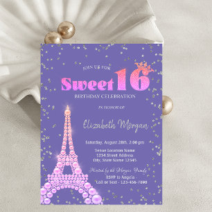 Eiffeltoren Diamanten Paars Sweet 16 Kaart