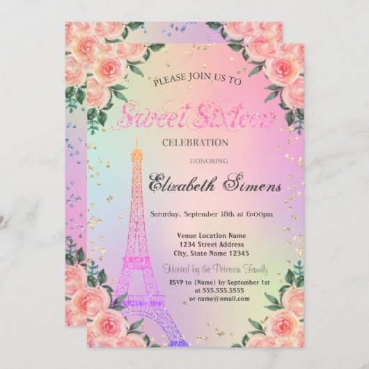 Eiffeltoren diamanten Rozen Holographic Sweet 16 Kaart (Voorkant / Achterkant)