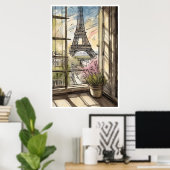 Eiffeltoren door een Window Poster (Thuiskantoor)