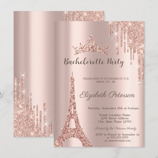 Eiffeltoren, Drip Roos Gold Bachelorette Party Kaart (Voorkant / Achterkant)