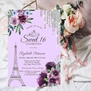 Eiffeltoren, Drips, Purple Flowers Sweet 16 Kaart