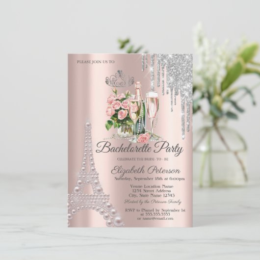 Eiffeltoren, druipt wijn parels vrijgezellenfeest kaart (Staand voorkant)