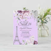 Eiffeltoren,Druppels,Lilac Bloemen Sweet 16 Kaart (Staand voorkant)