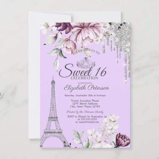 Eiffeltoren,Druppels,Lilac Bloemen Sweet 16 Kaart (Voorkant)