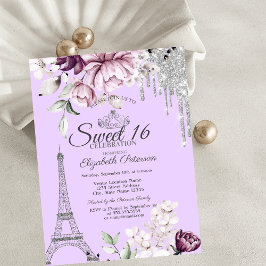Eiffeltoren,Druppels,Lilac Bloemen Sweet 16 Kaart