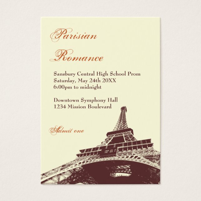 Eiffeltoren ecru prom bod aangepaste toegang ticke visitekaartje (Voorkant)