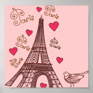 Eiffeltoren en -harten in roze poster
