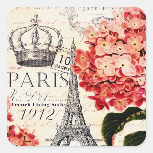 Eiffeltoren en hortensia  vierkante sticker (Voorkant)