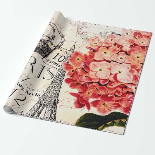 Eiffeltoren en hydrangea cadeaupapier (Uitgerold)