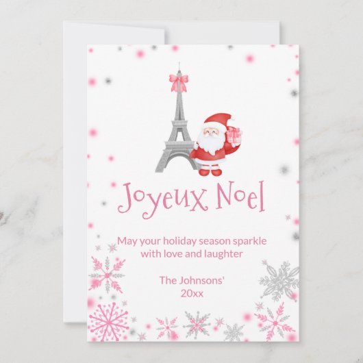 Eiffeltoren en kerstmis in Santa Pink Feestdagenkaart (Voorkant)