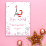 Eiffeltoren en kerstmis in Santa Pink Feestdagenkaart<br><div class="desc">Deze mooie kerstkaart in Parijs is vol met een roze kerstthema. De Eiffeltoren is gehuld met een schattige roze boog en een mooie kerstman houdt een zoet roze cadeau vast. De scène is gevuld met vallende roze en zilveren sneeuwvlokken. "Joyeux Noel" is de vakantiegroet die aan de voorzijde van de...</div>