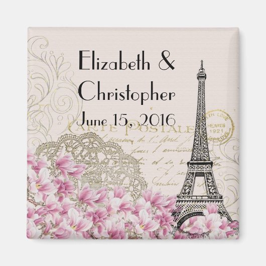 Eiffeltoren en roze bloemen trouwdatum Magneet (Voorkant)