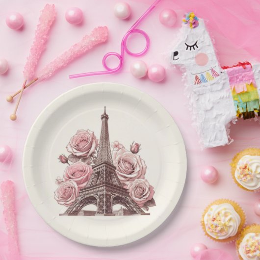 Eiffeltoren en roze rozen in Parijs Papieren Bordje (Feest)