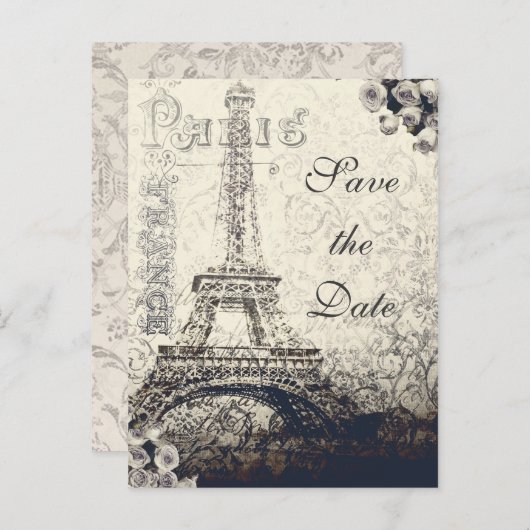 Eiffeltoren en -Rozen in Parijs Sla de datum op Aankondigingskaart (Voorkant / Achterkant)