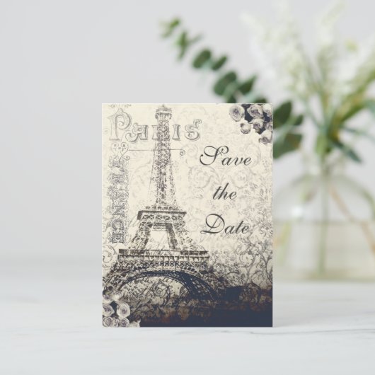 Eiffeltoren en -Rozen in Parijs Sla de datum op Aankondigingskaart (Staand voorkant)