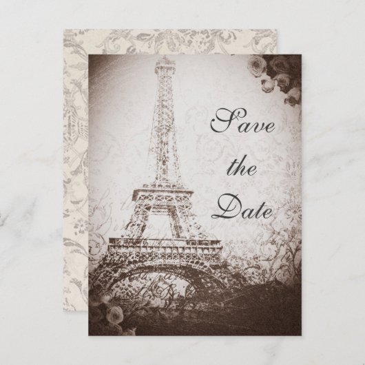 Eiffeltoren en -Rozen in Parijs Sla de datum op Aankondigingskaart (Voorkant / Achterkant)