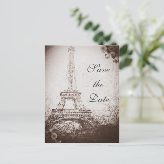 Eiffeltoren en -Rozen in Parijs Sla de datum op Aankondigingskaart (Staand voorkant)