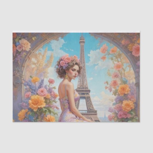Eiffeltoren Frans Vrouw Bloemen Decoupage Papier (Voorkant)