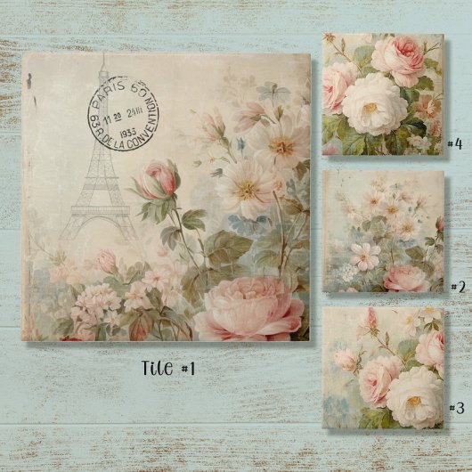 Eiffeltoren Franse Vintage Bloemen Roze Decoupage Tegeltje