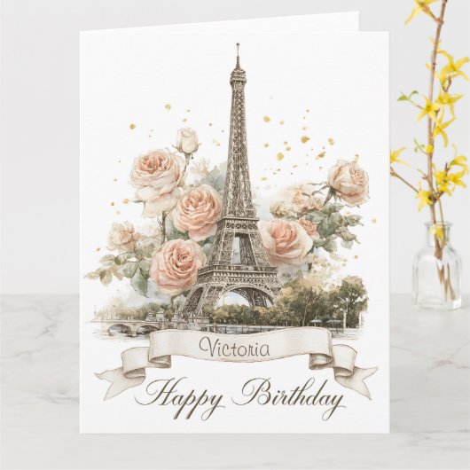 Eiffeltoren "Gefeliciteerd" met aangepaste naam Kaart (Gele Bloem)