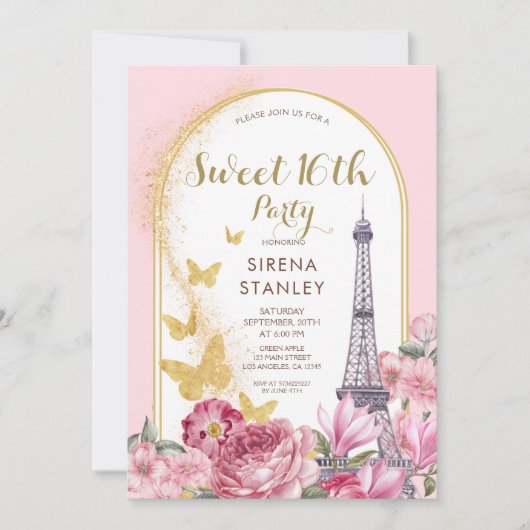 Eiffeltoren Glitters & Bloemen Girly Sweet 16 Kaart (Voorkant)