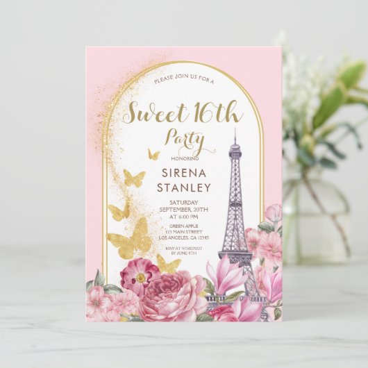 Eiffeltoren Glitters & Bloemen Girly Sweet 16 Kaart (Staand voorkant)