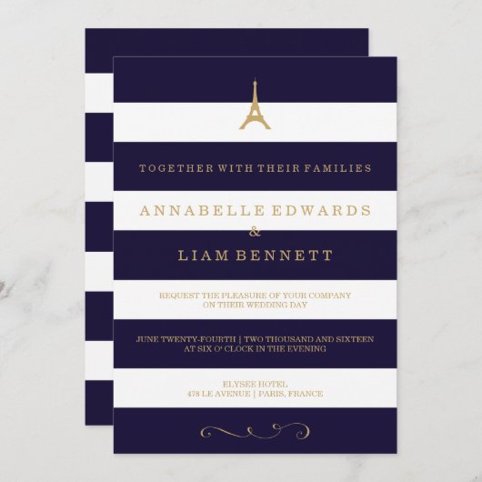 Eiffeltoren goud gestreepte bruiloft uitnodiging (Voorkant / Achterkant)