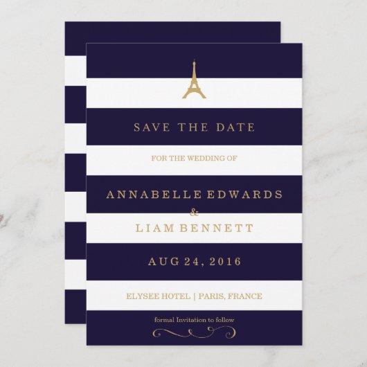 Eiffeltoren goud met strepen Save the Date Kaart (Voorkant / Achterkant)