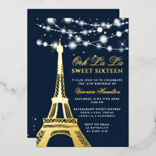 Eiffeltoren gouden glitter lichten blauw Sweet 16 Folie Uitnodiging