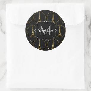 Eiffeltoren gouden glitters glinstert Zwarte Monog Ronde Sticker