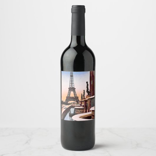 Eiffeltoren  handgekleurde Franse vino Wijn Etiket (Voorkant)