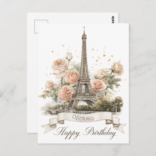 Eiffeltoren "Happy Birthday" met aangepaste naam Briefkaart (Voorkant / Achterkant)
