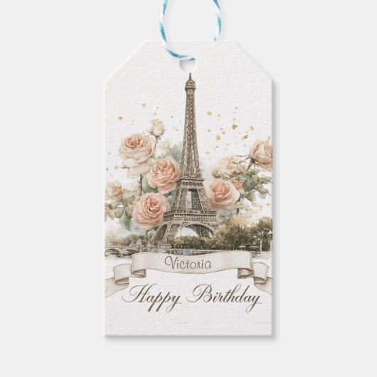Eiffeltoren "Happy Birthday" met aangepaste naam Cadeaulabel (Voorkant)