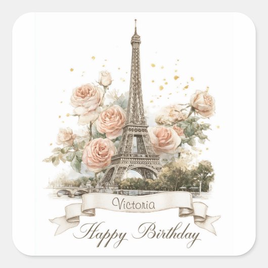Eiffeltoren "Happy Birthday" met aangepaste naam Vierkante Sticker (Voorkant)