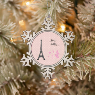 Eiffeltoren, harten, pooldots - zwart roze tin sneeuwvlok ornament