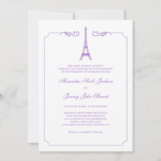 Eiffeltoren in Lavender Elegant Wedding Invitatio Kaart (Voorkant)