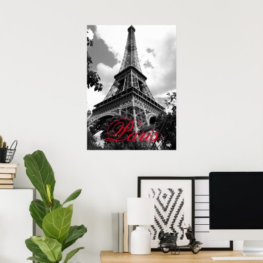 Eiffeltoren in Love City Parijs Zwart & Wit Rood Poster (Thuiskantoor)