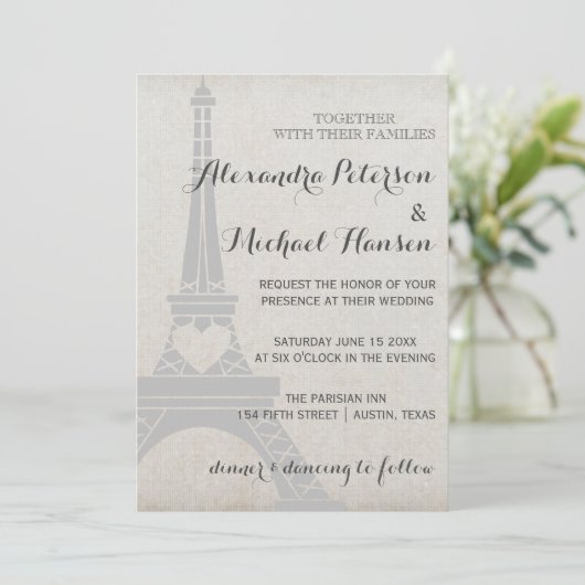 Eiffeltoren in Parijs op Antiek grijs huwelijk Kaart (Staand voorkant)