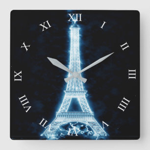 Eiffeltoren in White Neon Glow Square Wall Clock Vierkante Klok