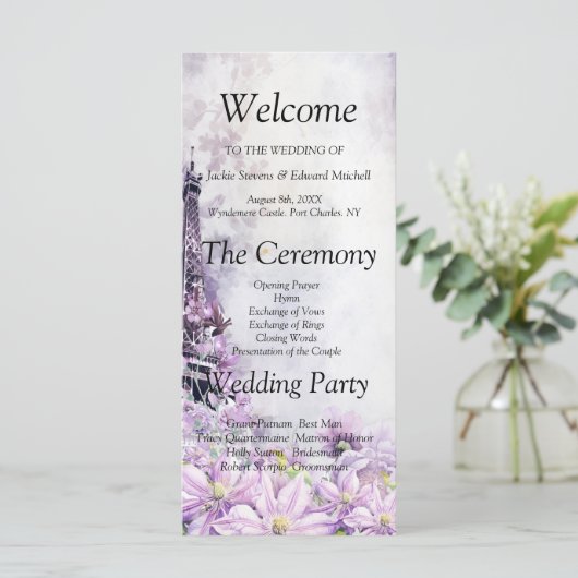 Eiffeltoren lavendel Romance huwelijksprogramma (Staand voorkant)