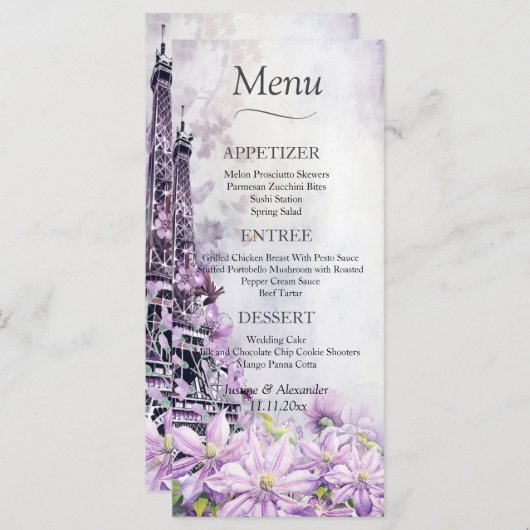 Eiffeltoren Lavendel Romantisch Trouwmenu Menu (Voorkant / Achterkant)