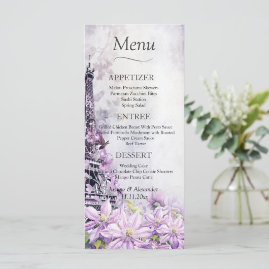 Eiffeltoren Lavendel Romantisch Trouwmenu Menu (Staand voorkant)