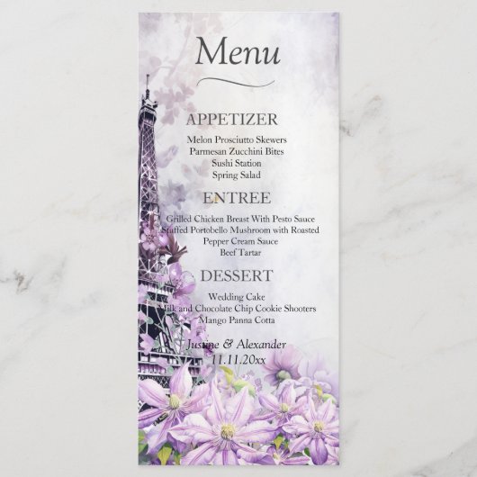 Eiffeltoren Lavendel Romantisch Trouwmenu Menu (Voorkant)