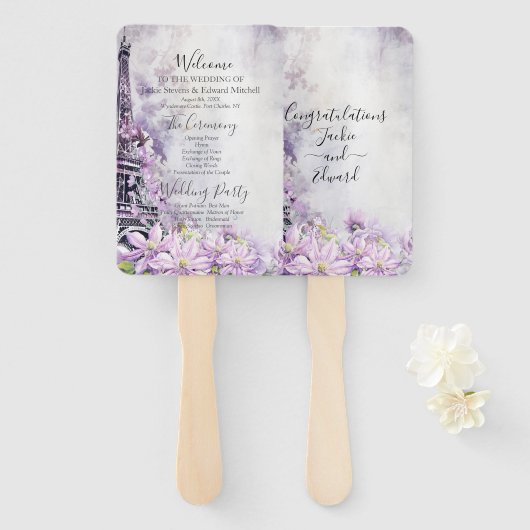 Eiffeltoren Lavendel Romantisch Trouwprogramma Handwaaier (Voorkant en achterkant)