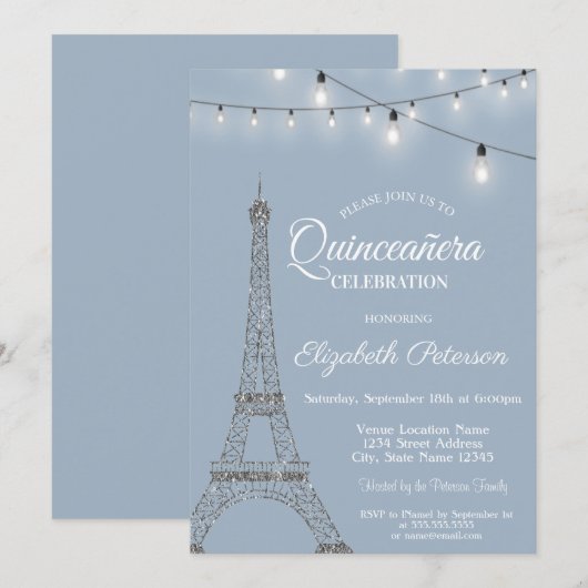 Eiffeltoren, Lichten Stoffelblauw Quinceañera Kaart (Voorkant / Achterkant)