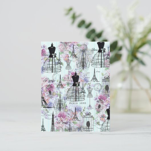  Eiffeltoren: mannequin florale collage Briefkaart (Staand voorkant)
