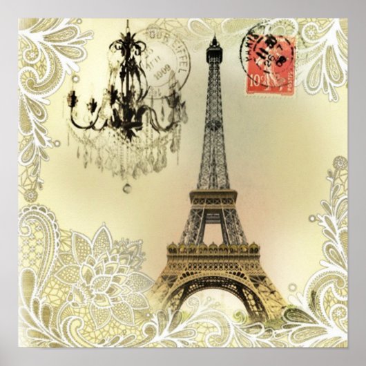 eiffeltoren met beige bloemelas chandelier paris poster (Voorkant)