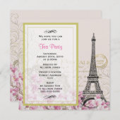  Eiffeltoren met roze bloemen Tea Party Kaart (Voorkant / Achterkant)